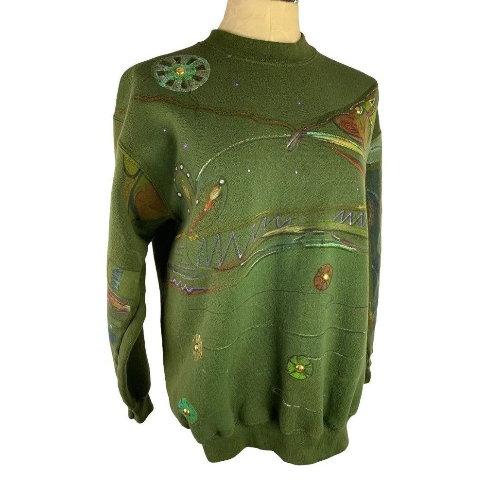 Medium Franklin Olive Green Sweatshirt Painted Signed "Watson"‎ Embellished